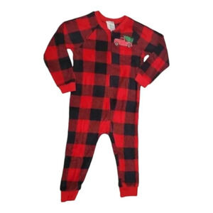 3T Toddler Fuzzy Buffalo Plaid Truck Footed Onesie